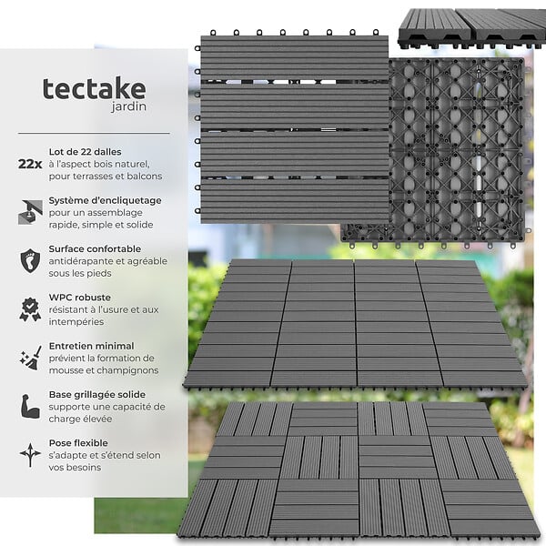 TECTAKE - Dalles terrasse en wpc gris clipsables avec système clic surface antidérapante 31x31x2,2 cm - large