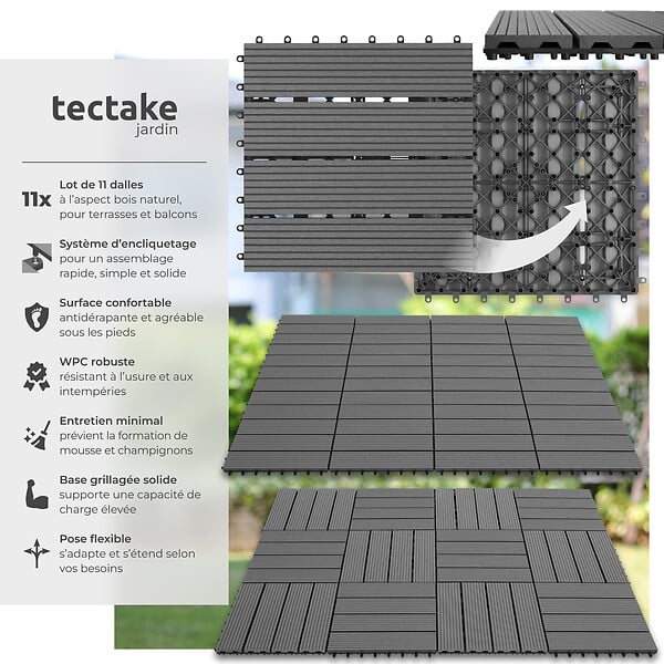 TECTAKE - Lot de dalles de terrasse TEGULAS en WPC aspect bois gris - large