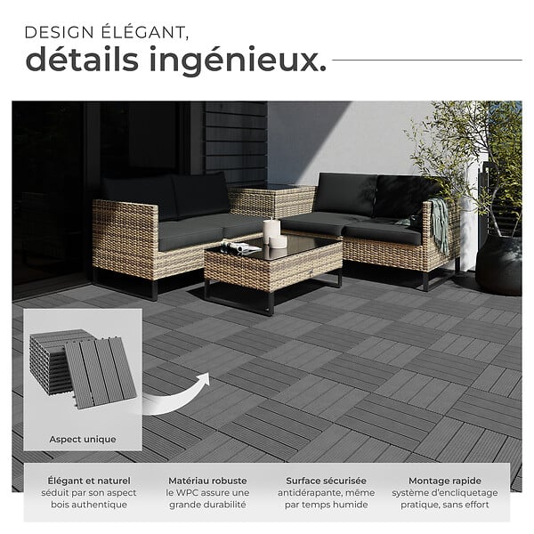 TECTAKE - Lot de dalles de terrasse TEGULAS en WPC aspect bois gris - large