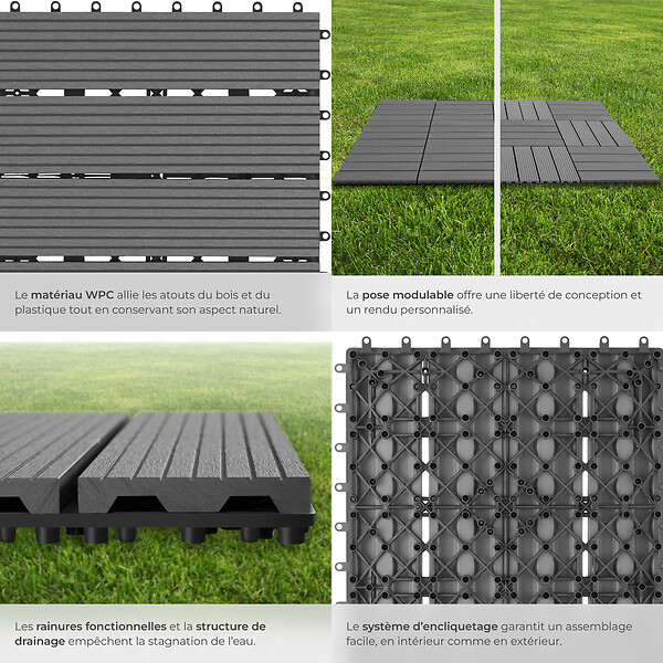 TECTAKE - Lot de dalles de terrasse TEGULAS en WPC aspect bois gris - large