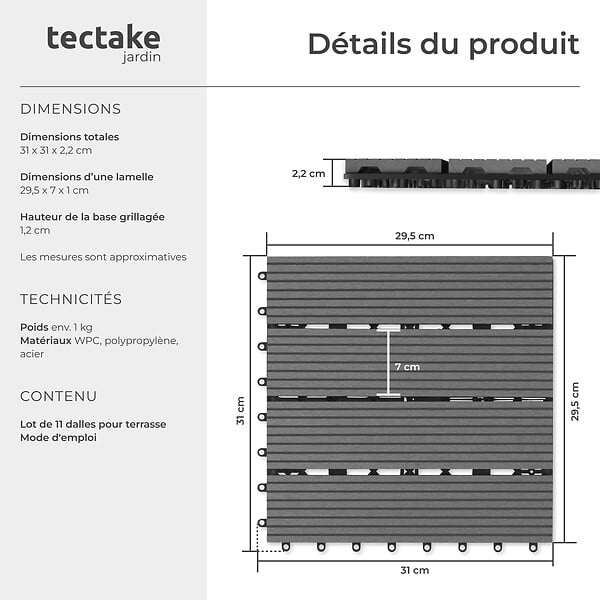 TECTAKE - Lot de dalles de terrasse TEGULAS en WPC aspect bois gris - large