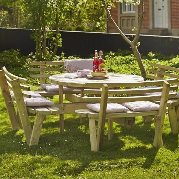 PLUS A/S - Table pique nique bois ronde avec bancs et dossiers 8pers pin naturel - large
