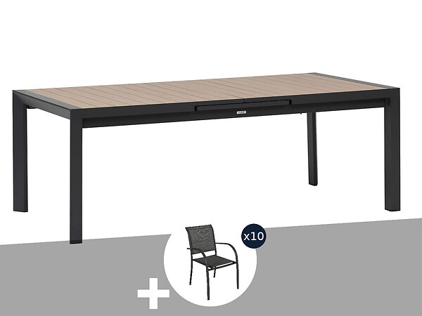 HESPERIDE - Table de jardin rectangulaire extensible alu Evasion 8/10 places effet bois + 10 fauteuils Piazza - Hespéride - large