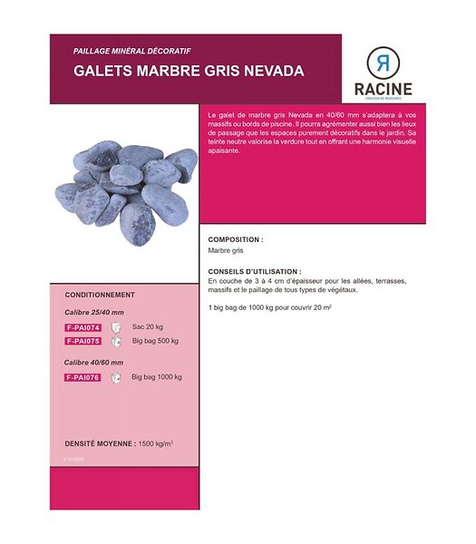 RACINE - Galet marbre gris Nevada 40-60mm, Big bag 500 kg - F-PAI076 - large