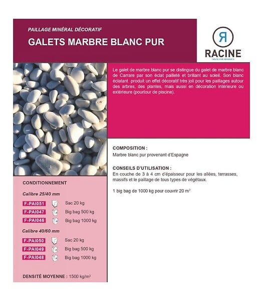 RACINE - Galet marbre blanc pur 25-40mm, filet de 20 kg - F-PAI051 - large