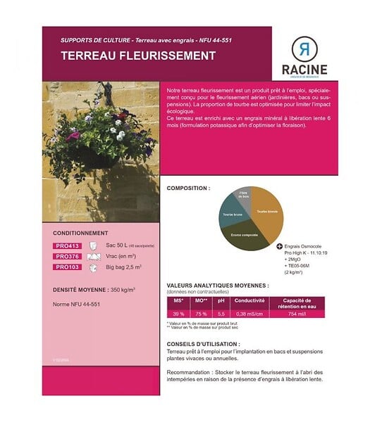 RACINE - Terreau engrais fleurissement 48 sacs 50 l plantes vivaces et annuelles - large