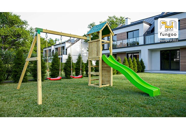 FUNGOO - Aire de jeux Charly avec balançoire double et mur d'escalade - Fungoo - large