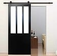 GD MENUISERIES - Porte Coulissante Atelier Noir vitre depoli H204 x L83 cm, Rail Roulettes, Coquilles - vignette
