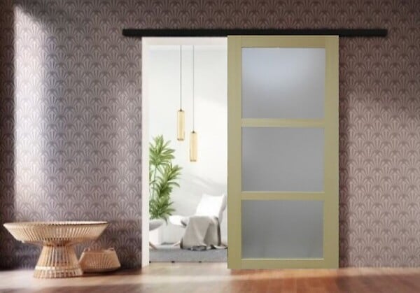 GD MENUISERIES - Porte Coulissante bois Ayous Vitrée H204 x L83 cm, Rail alu bandeau noir, Coquilles - large