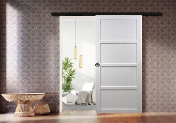 GD MENUISERIES - Porte Coulissante Tamera blanc 4 panneaux H204 x L83 cm, Rail Alu bandeau noir, Coquilles - large