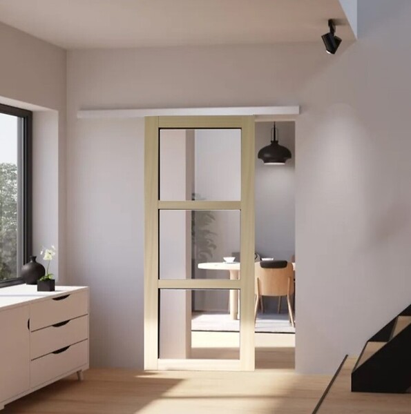 GD MENUISERIES - Porte Coulissante bois Ayous Vitrage transparent H204 x L83 cm, Rail alu bandeau blanc, Coquilles - large