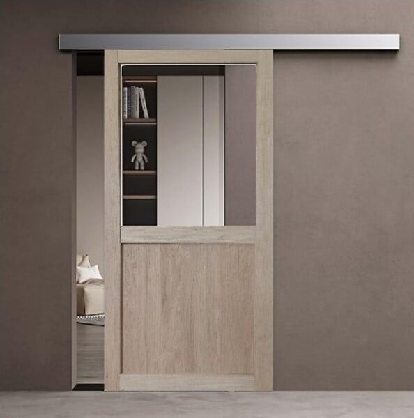 GD MENUISERIES - Porte Coulissante Atelier placage chene Vitrée H204 x L83 cm, Rail Alu Bandeau Blanc, Coquilles - large