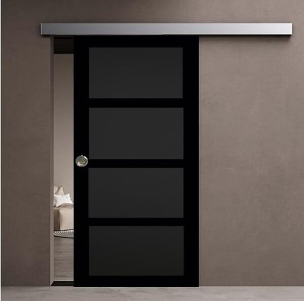 GD MENUISERIES - Porte Coulissante Telia noir 4 panneaux H204 x L83 cm, Rail Alu bandeau blanc, Coquilles - large