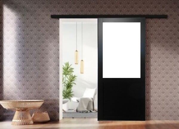 GD MENUISERIES - Porte Coulissante Atelier Noir sans meneau H204 x L73 cm, Rail alu Bandeau Noir, Coquilles - large
