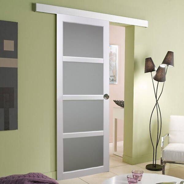 GD MENUISERIES - Porte Coulissante Tana blanc Vitrée H204 x L63 cm, Rail Alu bandeau blanc, Coquilles - large