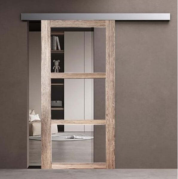 GD MENUISERIES - Porte Coulissante bois Frake Vitrage transparent H204 x L73 cm, rail alu bandeau blanc, coquilles - large