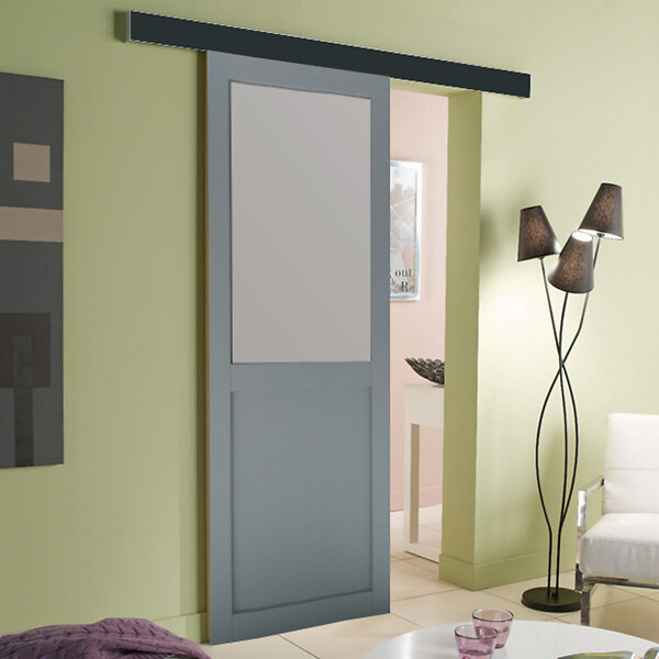 GD MENUISERIES - Porte Coulissante Athena Gris Clair Vitrée H204 x L73 cm, Rail Alu Bandeau Noir, Coquilles - large