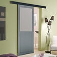 GD MENUISERIES - Porte Coulissante Athena Gris Clair Vitrée H204 x L73 cm, Rail Alu Bandeau Noir, Coquilles - vignette