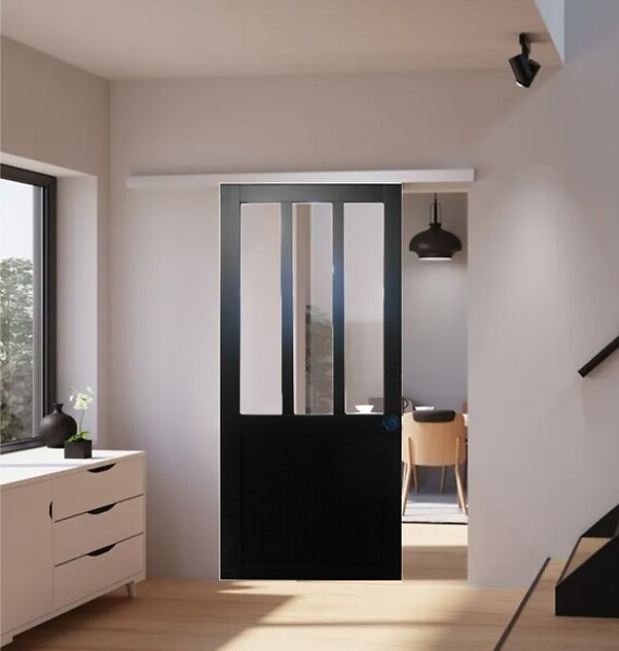 GD MENUISERIES - Porte Coulissante Atelier Noir H204 x L93 cm, Rail Alu, Coquilles - large