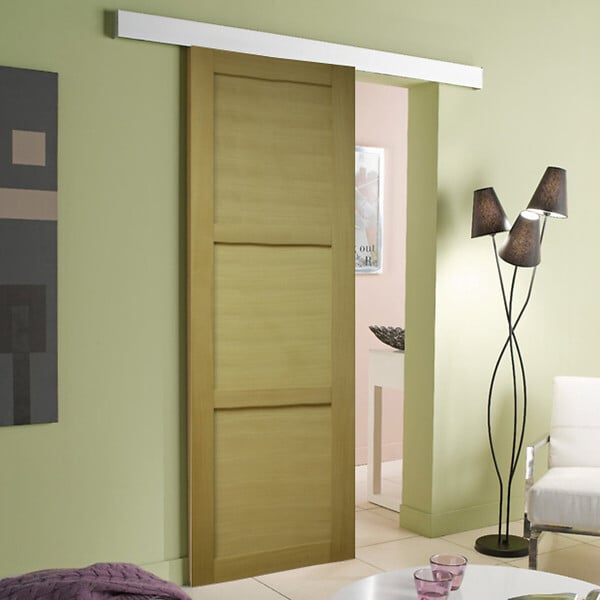 GD MENUISERIES - Porte Coulissante bois Ayous 3 Panneaux H204 x L83 cm, Rail alu Bandeau Blanc, Coquilles - large