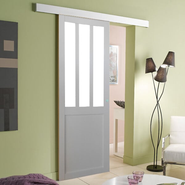 GD MENUISERIES - Porte Coulissante Atelier Blanc H204 x L83 cm, Rail alu Bandeau Blanc, Coquilles - large