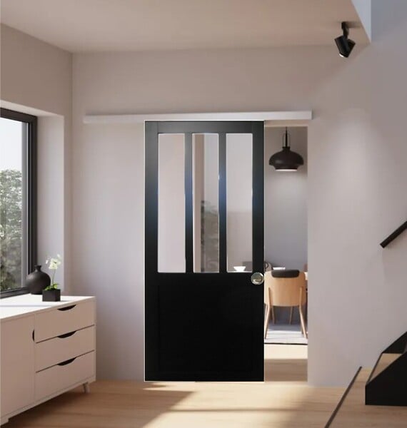 GD MENUISERIES - Porte Coulissante Atelier Noir H204 x L73 cm, Rail Alu, Coquilles - large