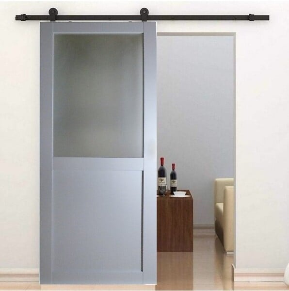 GD MENUISERIES - Porte Coulissante Athena Gris Clair Vitrée H204 x L83 cm, Rail Roulettes, Coquilles - large