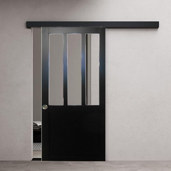 GD MENUISERIES - Porte Coulissante Atelier Noir H204 x L93 cm, Rail alu Bandeau Noir, Coquilles - large