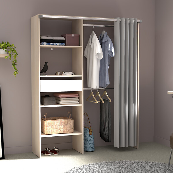 CONCEPT USINE - Dressing avec rideau, 4 étagères, 2 penderies et un tiroir bois et blanc BALI - large