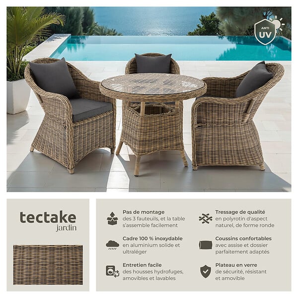 TECTAKE - Ensemble de salon en rotin et aluminium Zurich 3+1 marron naturel - large