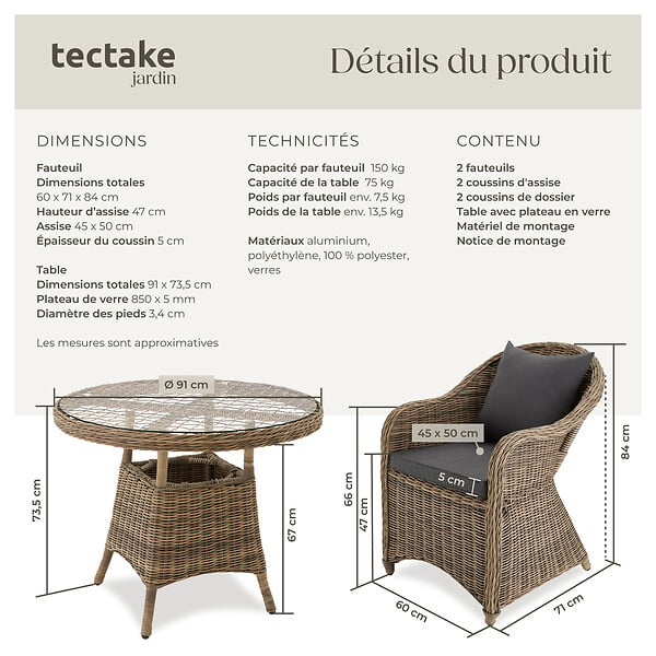 TECTAKE - Ensemble de salon en rotin et aluminium Zurich 2+1 marron naturel - large