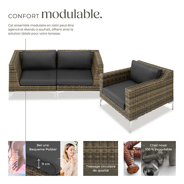 TECTAKE - Ensemble modulaire en rotin Villanova Aluminium Set 1, 2 places gris anthracite chiné - large