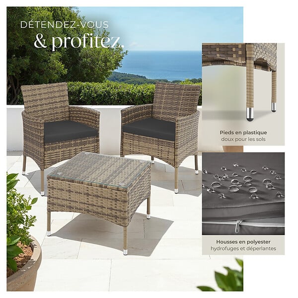 TECTAKE - Salon de jardin LUCERNE 2 places avec 2 sets de housses marron naturel - large