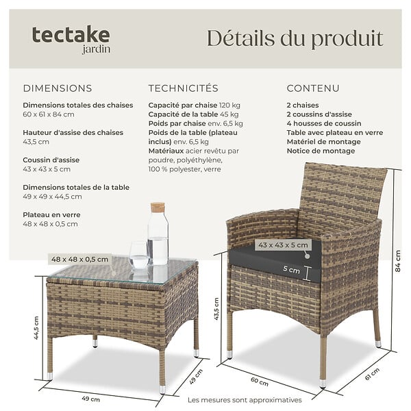 TECTAKE - Salon de jardin LUCERNE 2 places avec 2 sets de housses marron naturel - large