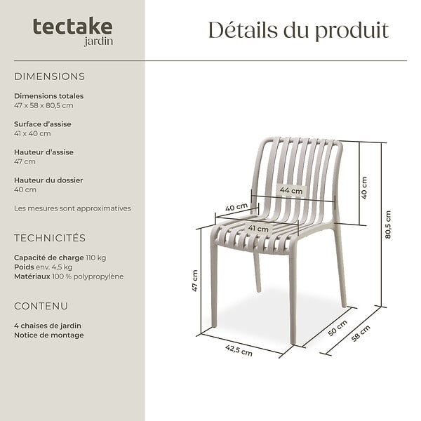 TECTAKE - Chaises de jardin ALCUDIA résistantes aux intempéries et empilables taupe - large