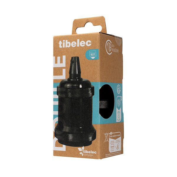 TIBELEC - Douille métal E27 avec bague noir chromé - large