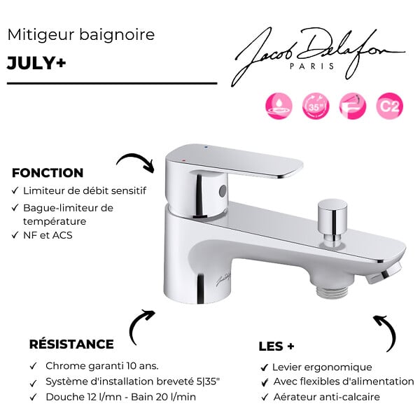 JACOB DELAFON - Mitigeur baignoire monotrou July+ chromé - large