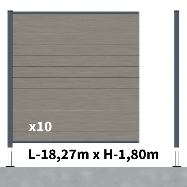 DECKLINEA - Kit Clôture Composite RIO Platines 18x1,8m - Bois composite & Aluminium - Poteaux sur Platines Gris - Brise vue - large
