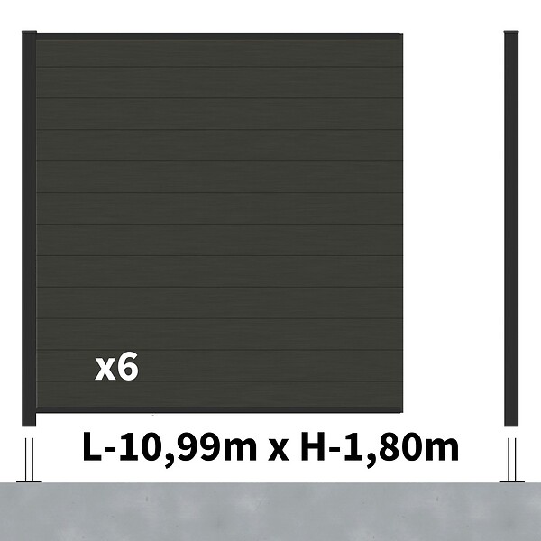 DECKLINEA - Kit Clôture Composite RIO Anthracite 11x1,8m - Bois composite & Aluminium - Poteaux sur Platines Noir - Brise vue - large