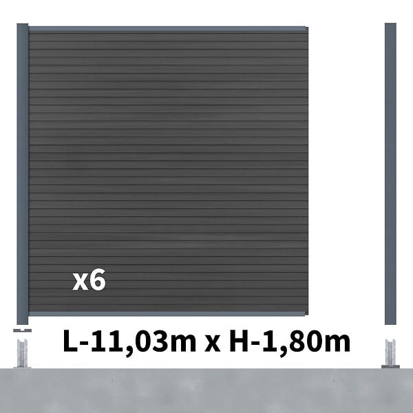DECKLINEA - Kit Clôture Composite SANTOS Ardoise 11x1,8m - Bois composite & Aluminium - Poteaux sur Platines Gris - Brise vue - Palissade - large