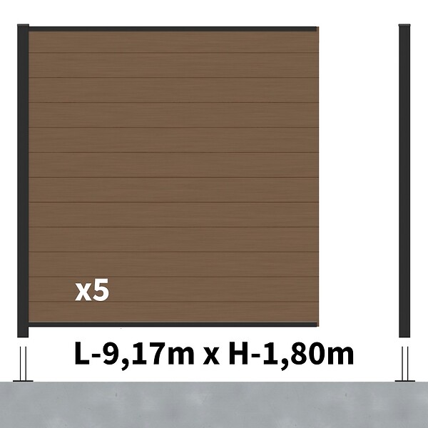 DECKLINEA - Kit Clôture Composite RIO Bronze 9x1,8m - Bois composite & Aluminium - Poteaux sur Platines Noir - Brise vue - large