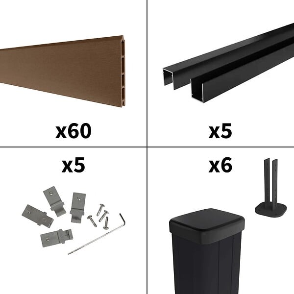 DECKLINEA - Kit Clôture Composite RIO Bronze 9x1,8m - Bois composite & Aluminium - Poteaux sur Platines Noir - Brise vue - large