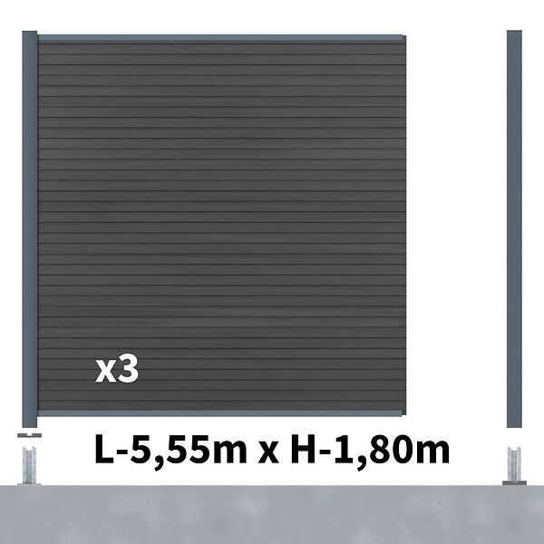 DECKLINEA - Kit Clôture Composite SANTOS Ardoise 5,5x1,8m - Bois composite & Aluminium - Poteaux sur Platines Gris - Brise vue - Palissade - large