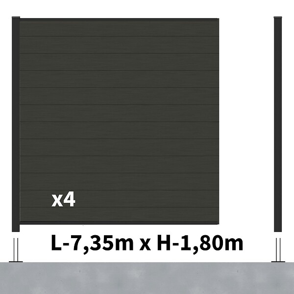 DECKLINEA - Kit Clôture Composite RIO Anthracite 7,5x1,8m - Bois composite & Aluminium - Poteaux sur Platines Noir - Brise vue - large