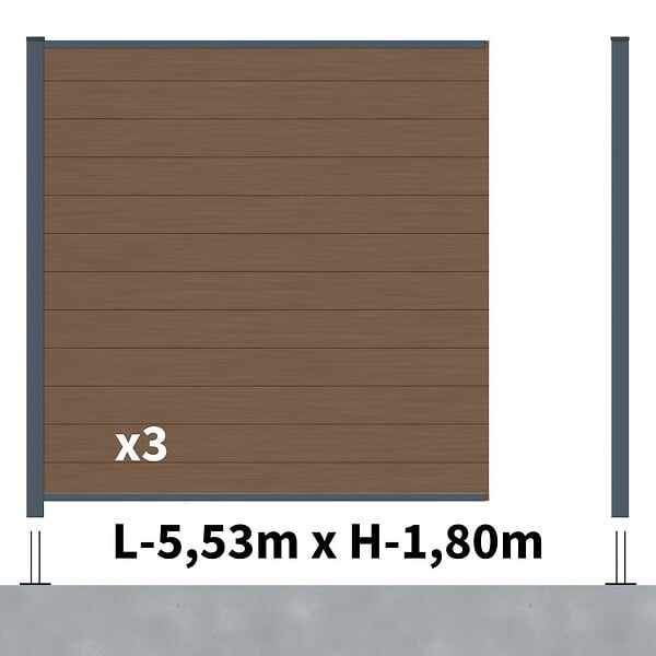 DECKLINEA - Kit Clôture Composite RIO Bronze 5,5x1,8m - Bois composite & Aluminium - Poteaux sur Platines Gris - Brise vue - large