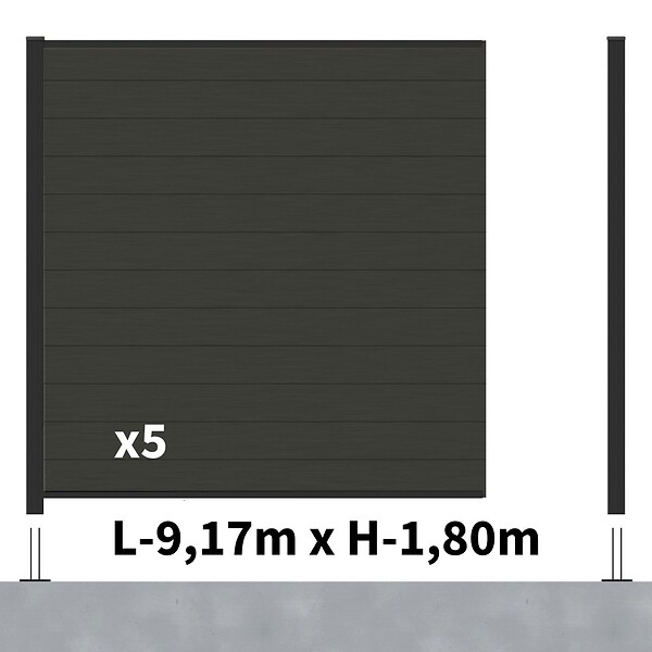DECKLINEA - Kit Clôture Composite RIO Anthracite 9x1,8m - Bois composite & Aluminium - Poteaux sur Platines Noir - Brise vue - large