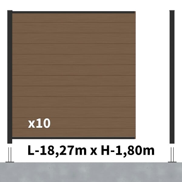 DECKLINEA - Kit Clôture Composite RIO Bronze 18x1,8m - Bois composite & Aluminium - Poteaux sur Platines Noir - Brise vue - large