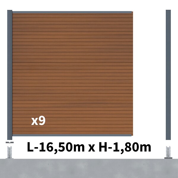 DECKLINEA - Kit Clôture Composite SANTOS Teck 16,5x1,8m - Bois composite & Aluminium - Poteaux sur Platines Gris - Brise vue - Palissade - large