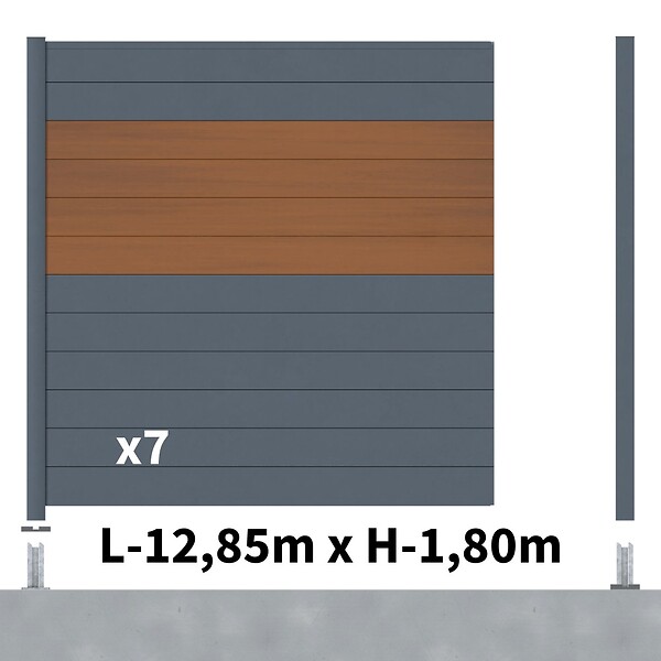 DECKLINEA - Kit Clôture Aluminium BAHIA & CRUZ Teck 12,85x1,8m - Aluminium et bois composite - Poteaux sur Platines gris - Brise vue - Palissade - large