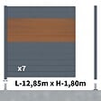 DECKLINEA - Kit Clôture Aluminium BAHIA & CRUZ Teck 12,85x1,8m - Aluminium et bois composite - Poteaux sur Platines gris - Brise vue - Palissade - vignette